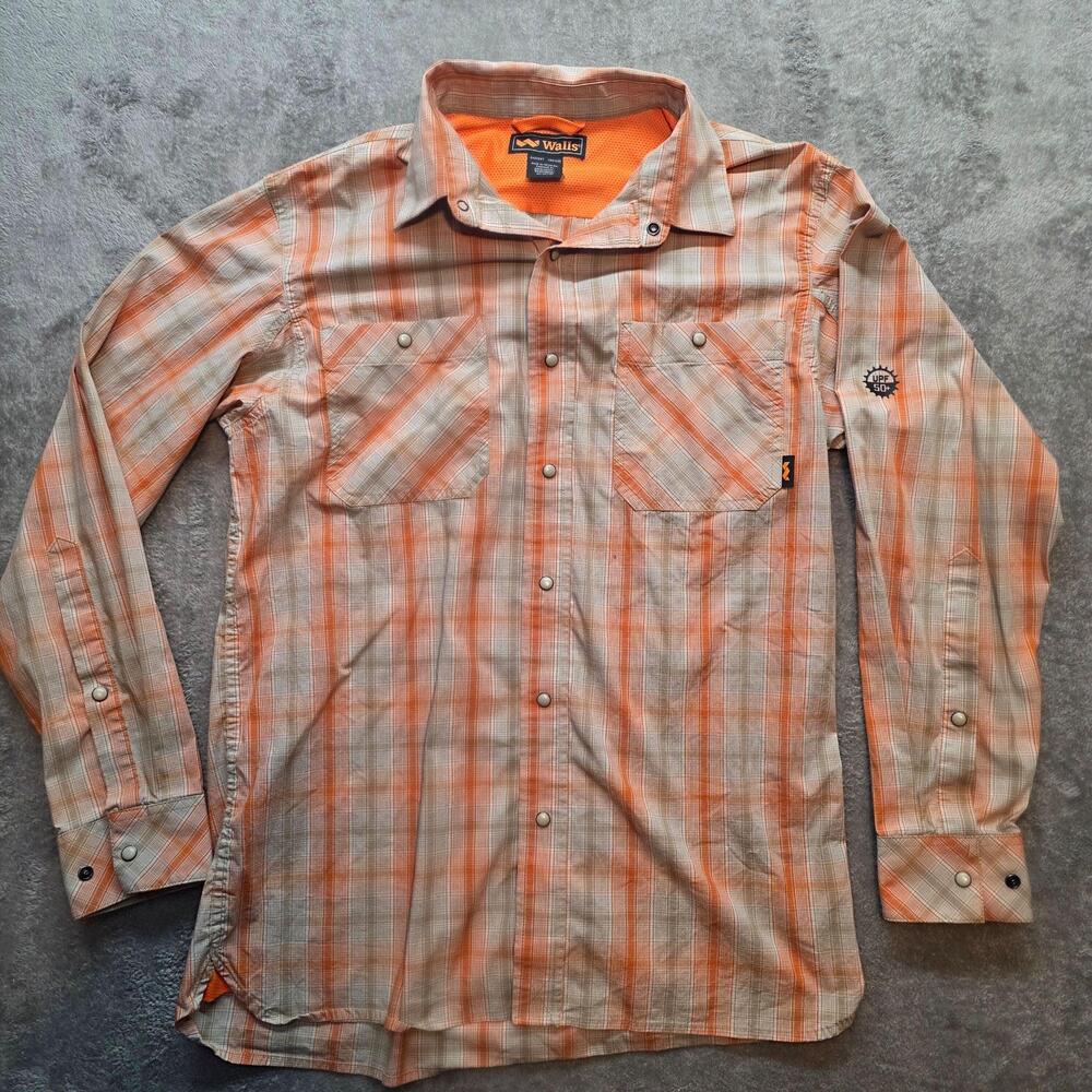Walls Button Up Shirt Mens M Orange Plaid Long Sleeve UPF 50 Outdoor Snap Front